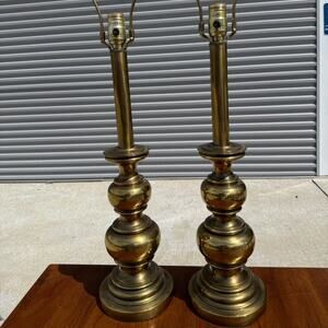 Vintage Stiffel Solid Brass Buffet Table Lamps Hollywood Regency MCM NO SHADE